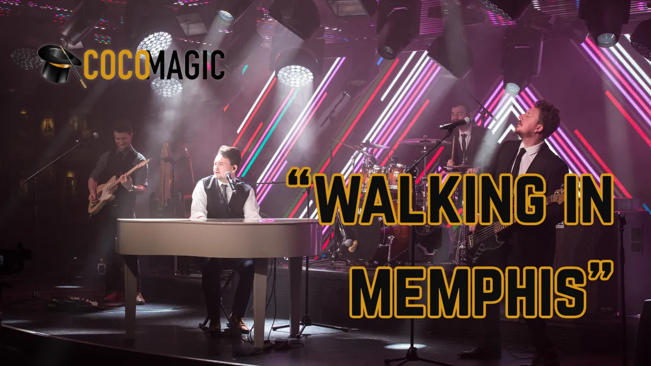 Band performing on stage with colorful diagonal neon lights and spotlights, featuring a pianist, guitarist, bassist, and drummer, with text 'WALKING IN MEMPHIS' and Cocomagic logo.