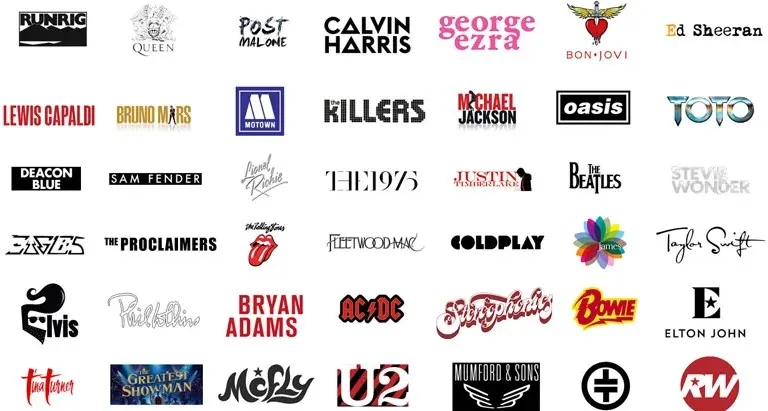 Grid of various famous music band and artist logos including Queen, Post Malone, Calvin Harris, George Ezra, Bon Jovi, Ed Sheeran, Lewis Capaldi, Bruno Mars, Motown, The Killers, Michael Jackson, Oasis, Toto, Deacon Blue, Sam Fender, Lionel Richie, The 1975, Justin Timberlake, The Beatles, Stevie Wonder, Eagles, The Proclaimers, The Rolling Stones, Fleetwood Mac, Coldplay, James, Taylor Swift, Elvis Presley, Phil Collins, Bryan Adams, AC/DC, Stereophonics, David Bowie, Elton John, Tina Turner, The Greatest Showman, McFly, U2, Mumford & Sons, plus other music logos.